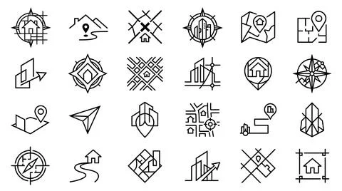 Map navigation compass and building house icons for blueprints. Stock Illustration