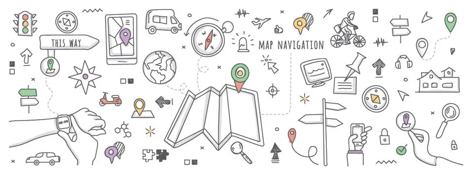 Map navigation in doodle illustration Stock Illustration