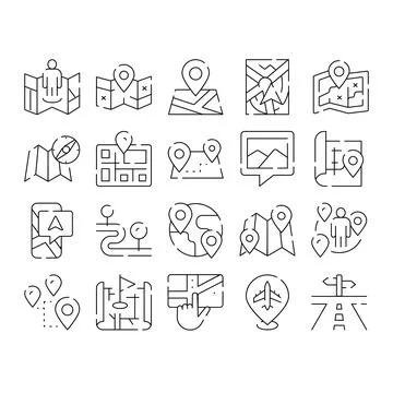Map navigation location pin geography travel path icons Stock Illustration