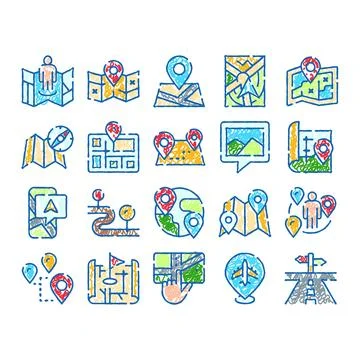 Map navigation location pin tracking route finding icons Stockillustratie