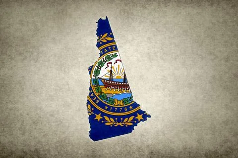 Map of New Hampshire with its flag printed on a paper Stock Illustration