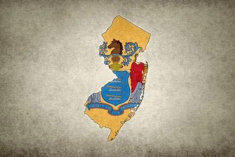 Map of New Jersey with its flag printed on a paper Stock Illustration