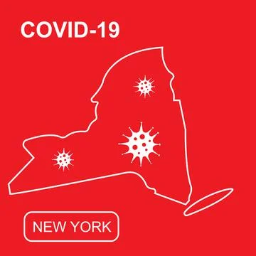 Map of New York State labeled COVID-19. White outline map on a red background. Stock Illustration