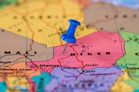 Map of Niger with a blue pushpin stuck Foto stock