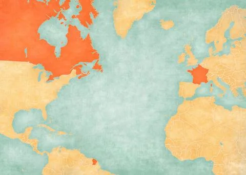 Map of North Atlantic Ocean - Canada and France Stock Illustration