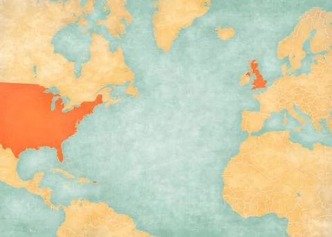 Map of North Atlantic Ocean - USA and UK Stock Illustration