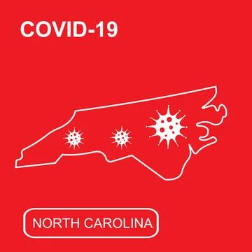 Map of North Carolina State labeled COVID-19. White outline map on a red Stock Illustration