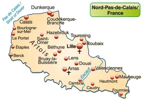 Map of north-pas-de-calais as an overview map in pastel orange Illustrazione stock