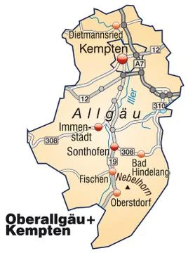 Map of oberallgaeu with highways Stock Illustration