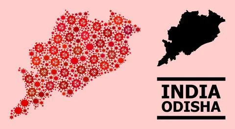 Map of Odisha State - Collage of Covid Virus Biohazard Infection Elements Illustrazione stock