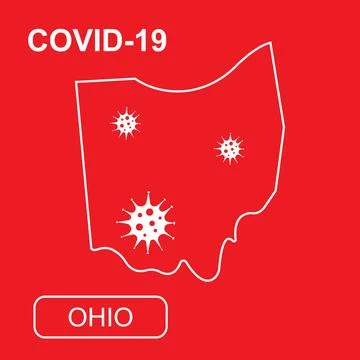 Map of Ohio State labeled COVID-19. White outline map on a red background. Stock Illustration