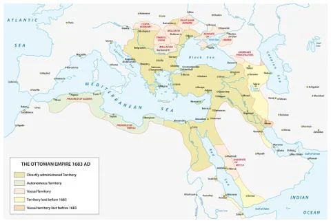 Map of the Ottoman Empire at the time of the greatest expansion and in the la Stock Illustration