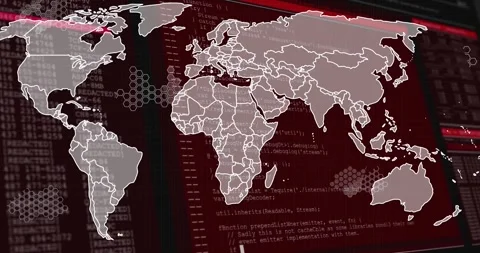 Map outline appearing, filling with grey, red bg fading, code scrolling and hex Stock Footage 317593128