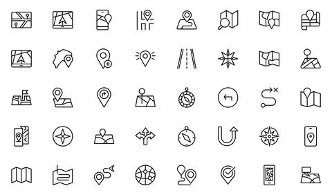 Map outline icon set. Containing location, GPS, navigation, city map, atlas.. Stock Illustration