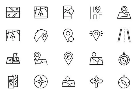 Map outline icon set. Containing location, GPS, navigation, city map, atlas.. Stock Illustration