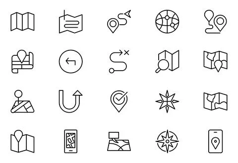 Map outline icon set. Containing location, GPS, navigation, city map, atlas.. Stock Illustration