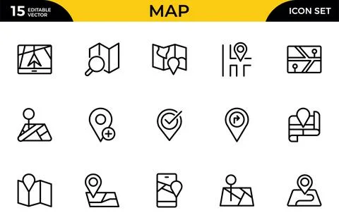 Map outline icon set. Containing location, GPS, navigation, city map, atlas.. Stock Illustration
