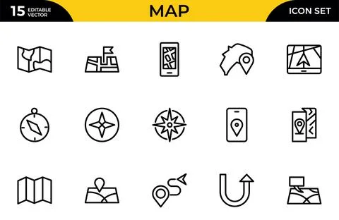 Map outline icon set. Containing location, GPS, navigation, city map, atlas.. Stock Illustration