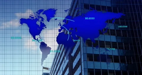 Map overlay animating on glass facade, node lighting then drawing arcs Video stock 322119204