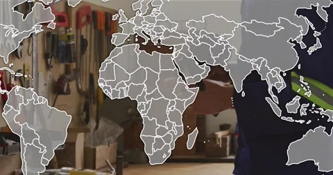 Map overlay appearing and expanding, handyman leaning workshop and inspecting Stock Footage 321099612
