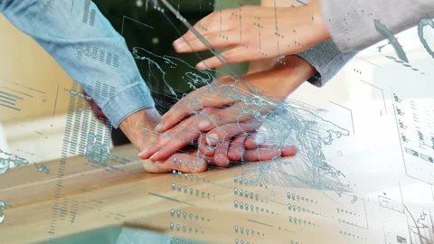 Map overlay appearing hands moving in and stacking, adjusting and pressing Stock Footage 335652150