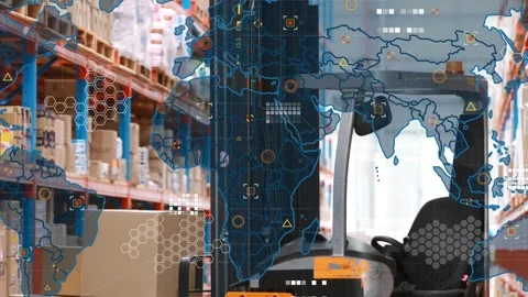 Map overlay appearing icons adding frame zooming and revealing forklift and Stock Footage 333255948