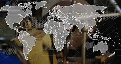 Map overlay appearing, lathe chuck spinning, tool shaving chips, visualizing Stock Footage 321099623