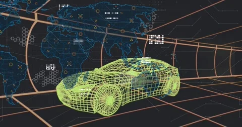 Map overlay appearing, neon wireframe car shifting while HUD icons aligning and Video stock 329899870