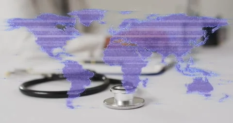 Map overlay appearing over stethoscope, shifting from scanlines to dotted net, Stock Footage 334036390