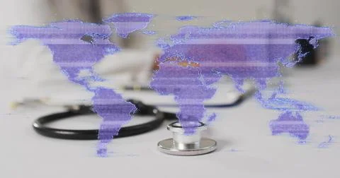Map overlay appearing over stethoscope, shifting from scanlines to dotted net, Stock Photos