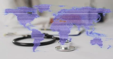 Map overlay appearing over stethoscope, shifting from scanlines to dotted net, Stock Photos