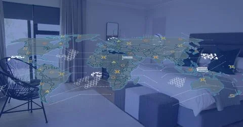 Map overlay appearing on play over bedroom, clear layer forming hex pulsing Stock Photos