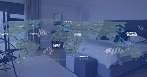 Map overlay appearing on play over bedroom, clear layer forming hex pulsing Stock Photos