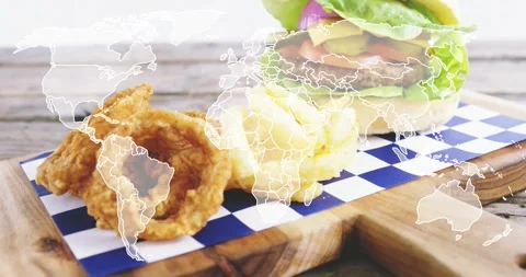 Map overlay appearing, pulling camera back, revealing burger, fries, rings, Stock Footage 323271119