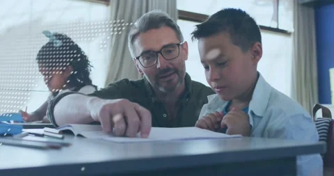 Map overlay appearing sparking tutor leaning, pointing workbook page and guiding Stock Footage 331276157