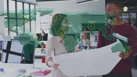 Map overlay with clocks appearing woman holding plan and man pointing in design Stock Footage 334694236