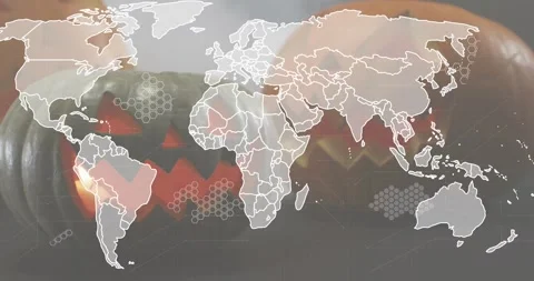 Map overlay emerging drawing borders and hex nodes showing data flow while Stock Footage 317772979