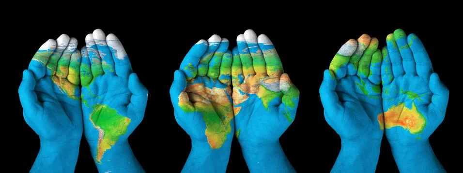 Map painted on hands.concept of having the world in our hands Stock Photos