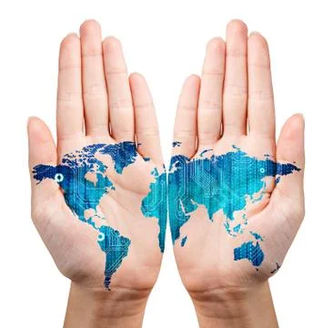 Map painted on the open hands Foto stock