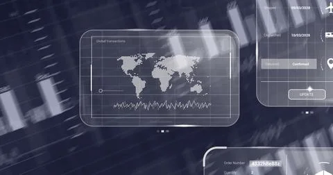 Map panel showing line graph in UI, shipping status panel, UPDATE button, order Stock Photos