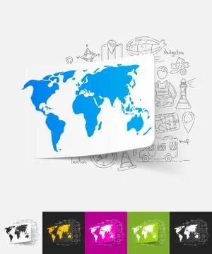 Map paper sticker with hand drawn elements Stock Illustration