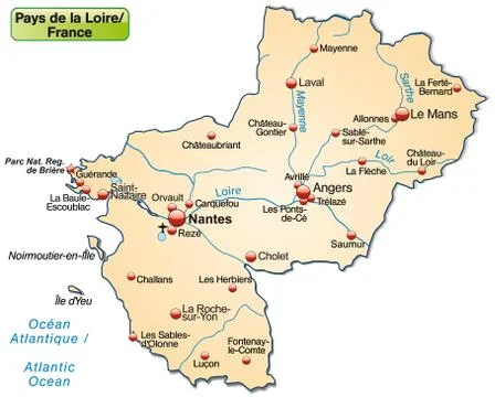 Map of pays de la loire as an overview map in pastel orange Stock Illustration
