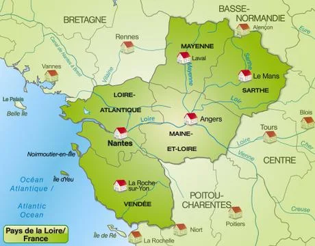 Map of pays de la loire with borders in green Stock Illustration