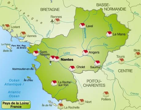 Map of pays de la loire as an overview map in green Stock Illustration
