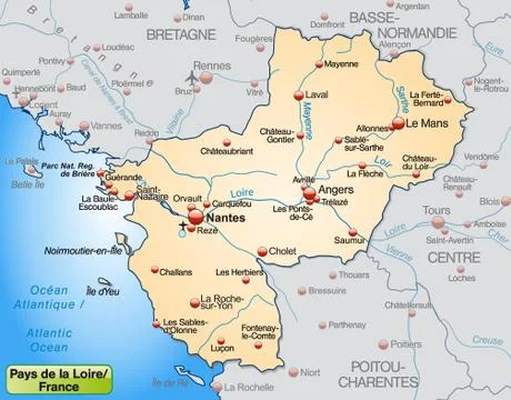 Map of pays de la loire as an overview map in pastel orange Stock Illustration