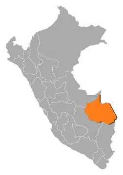 Map of Peru, Madre de Dios highlighted Political map of Peru with the seve... Stockfoto's
