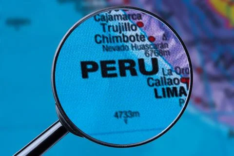 Map of PERU through magnifying glass. Stock Photos