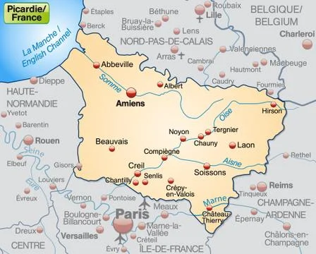 Map of picardie as an overview map in pastel orange Stock Illustration