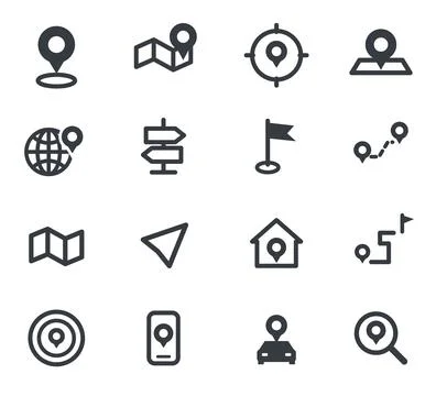 Map pin and navigation icons set location GPS pointer route direction Stock Illustration