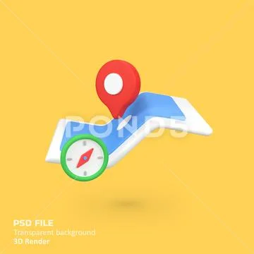 Map Pin With Compass, Travel Guide isolated 3d render icon illustration PSD Template
